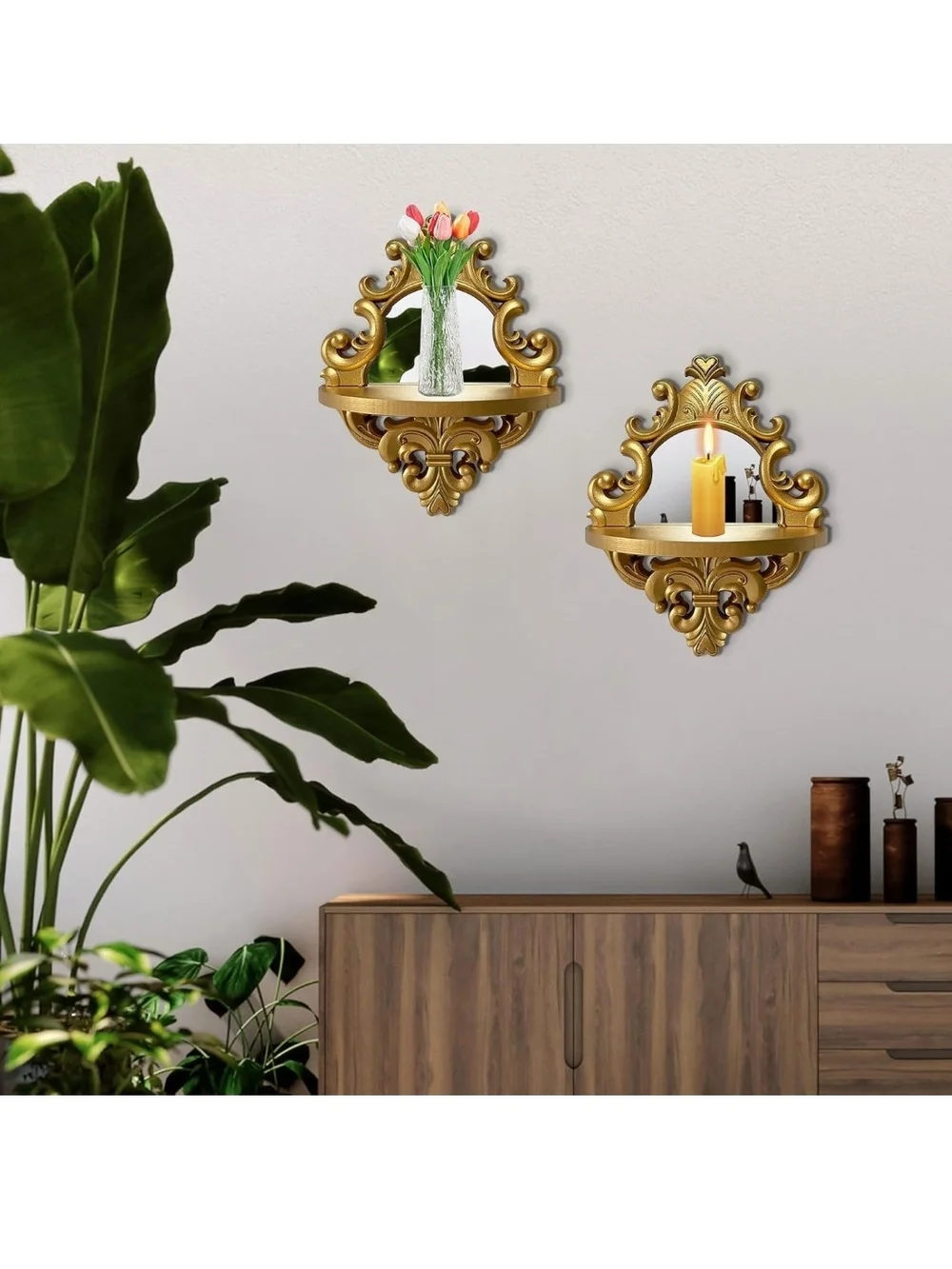 Ornate Gold Wall Mirror Shelf - Decorative Home Accent